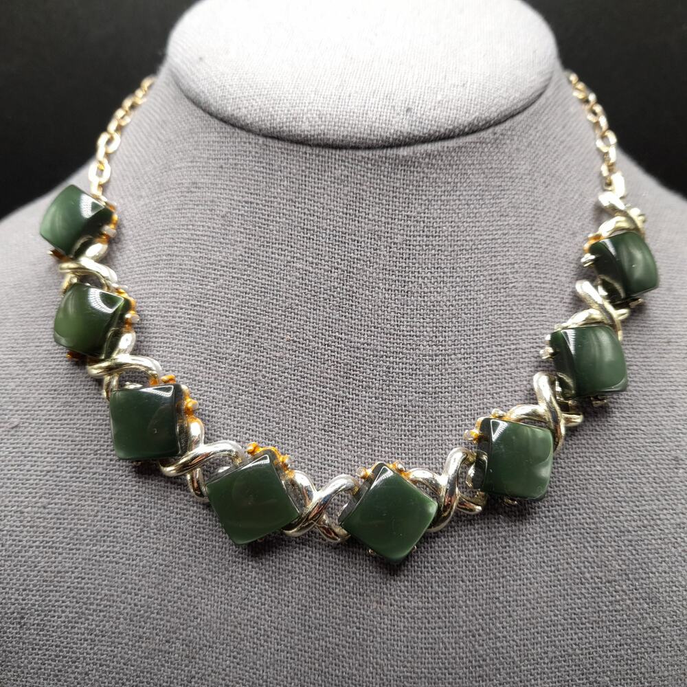 Vintage Dark Green Moonglow Choker Necklace, Gold Tone, 1950s Jewelry